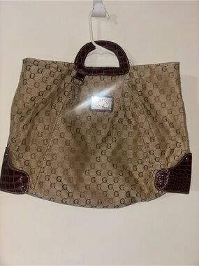 Y2K vintage Guess Beige Monogram Tote with Dark Brown Croc-wTrim Handles